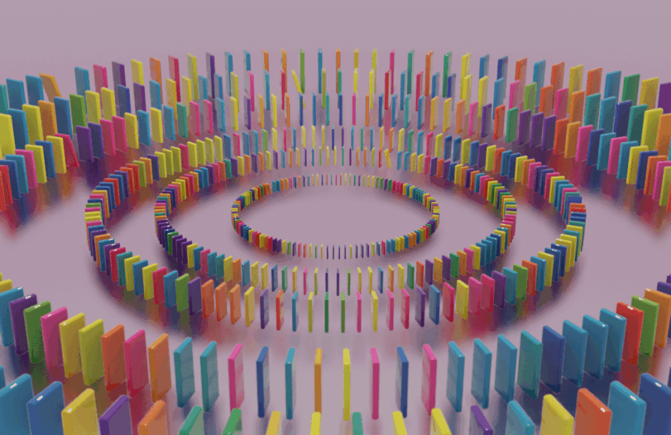 Blenderで作ったドミノ倒しが物理演算で倒れるアニメーション