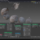Blender 5.2のジオメトリノードによる最新クロスシミュレーションを使い、9個のゴム球体が破裂して膨らみ衝突する物理演算の5段階変化をまとめた比較イメージ画像
